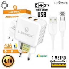 Carregador 2 USB + Cabo V8 1m LE-488-2 Lehmox - Branco